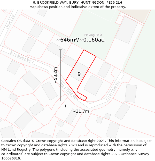 9, BROOKFIELD WAY, BURY, HUNTINGDON, PE26 2LH: Plot and title map