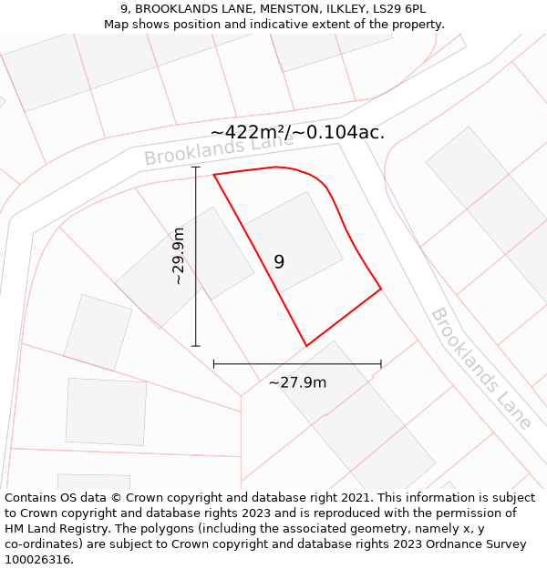 9, BROOKLANDS LANE, MENSTON, ILKLEY, LS29 6PL: Plot and title map