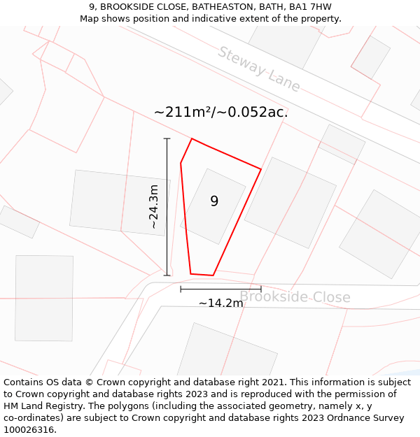 9, BROOKSIDE CLOSE, BATHEASTON, BATH, BA1 7HW: Plot and title map