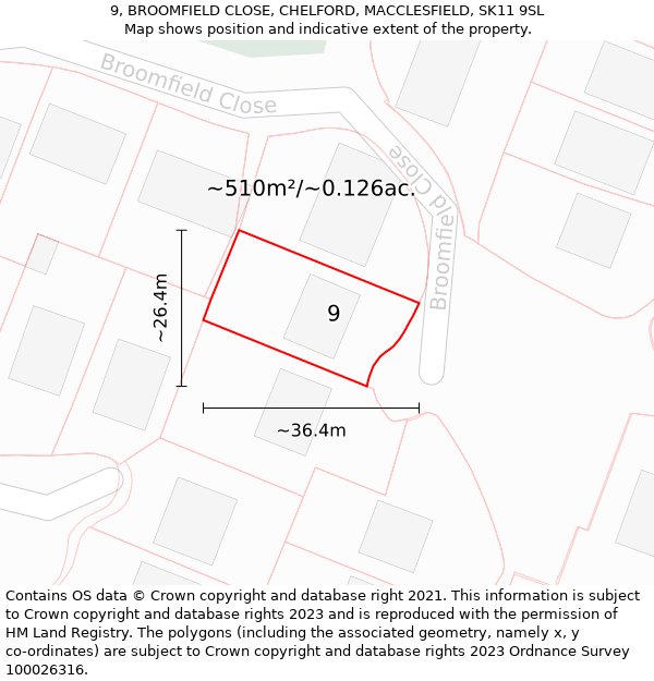 9, BROOMFIELD CLOSE, CHELFORD, MACCLESFIELD, SK11 9SL: Plot and title map