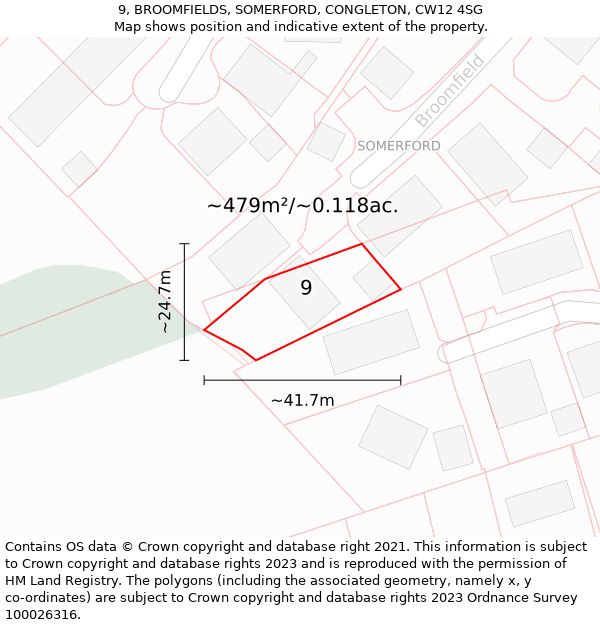 9, BROOMFIELDS, SOMERFORD, CONGLETON, CW12 4SG: Plot and title map