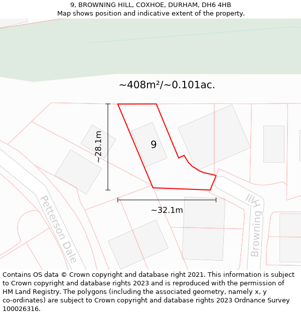 9, BROWNING HILL, COXHOE, DURHAM, DH6 4HB: Plot and title map