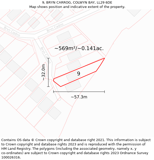 9, BRYN CARROG, COLWYN BAY, LL29 6DE: Plot and title map