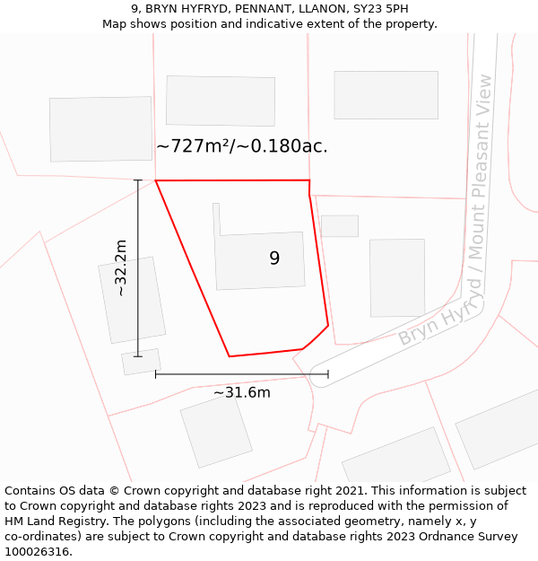 9, BRYN HYFRYD, PENNANT, LLANON, SY23 5PH: Plot and title map