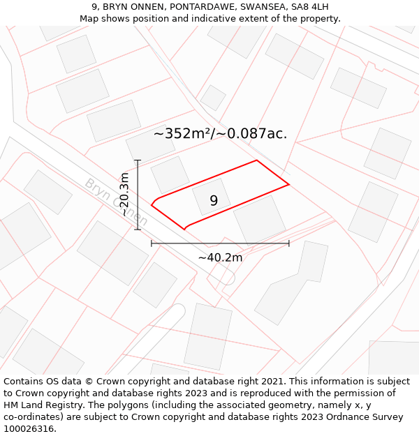 9, BRYN ONNEN, PONTARDAWE, SWANSEA, SA8 4LH: Plot and title map