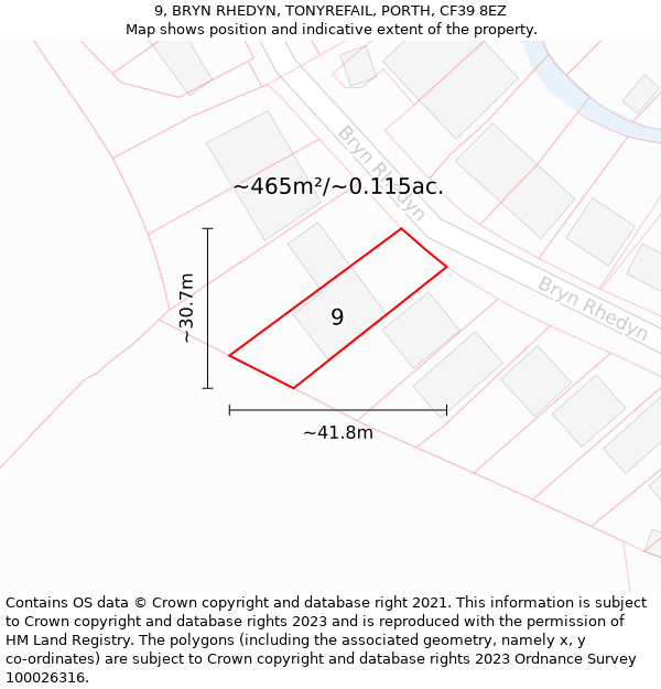 9, BRYN RHEDYN, TONYREFAIL, PORTH, CF39 8EZ: Plot and title map