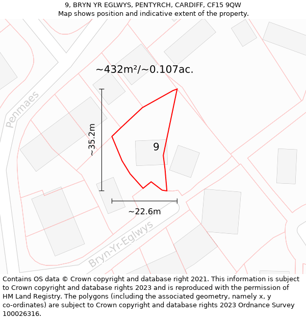 9, BRYN YR EGLWYS, PENTYRCH, CARDIFF, CF15 9QW: Plot and title map