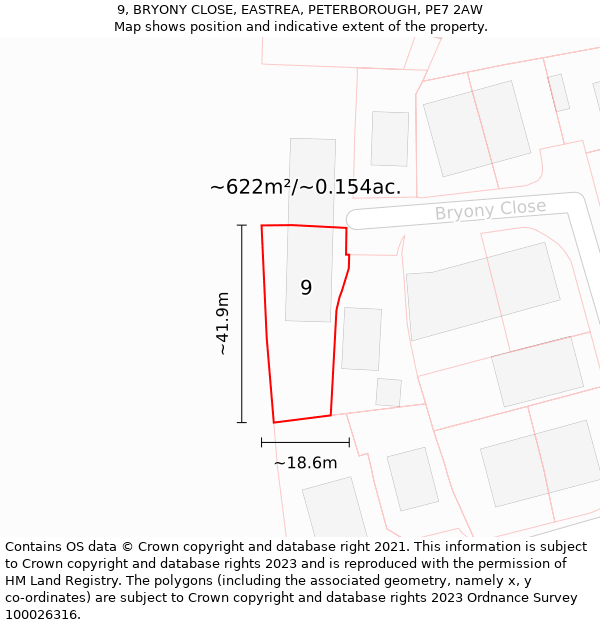 9, BRYONY CLOSE, EASTREA, PETERBOROUGH, PE7 2AW: Plot and title map