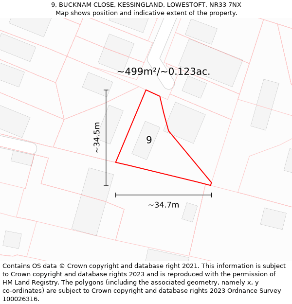 9, BUCKNAM CLOSE, KESSINGLAND, LOWESTOFT, NR33 7NX: Plot and title map