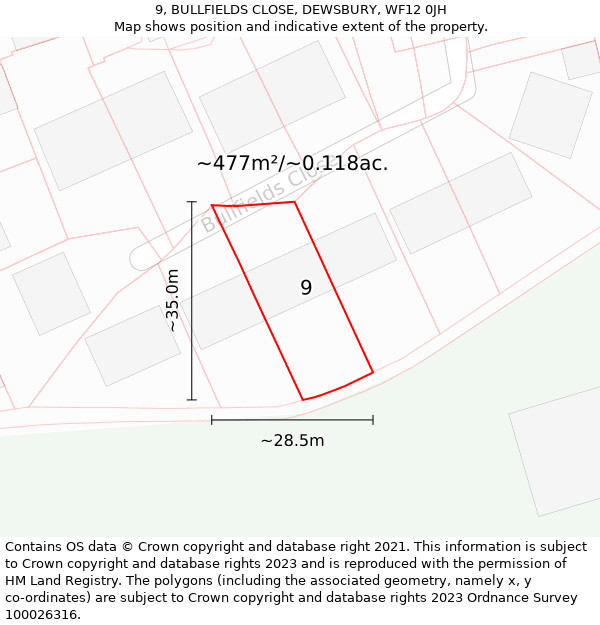 9, BULLFIELDS CLOSE, DEWSBURY, WF12 0JH: Plot and title map