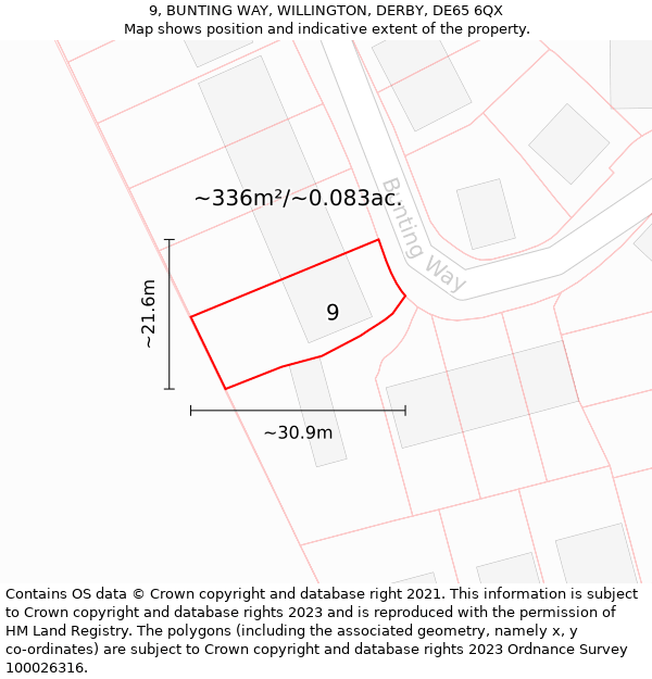 9, BUNTING WAY, WILLINGTON, DERBY, DE65 6QX: Plot and title map