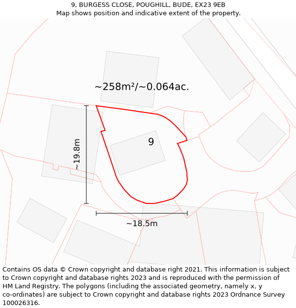 9, BURGESS CLOSE, POUGHILL, BUDE, EX23 9EB: Plot and title map