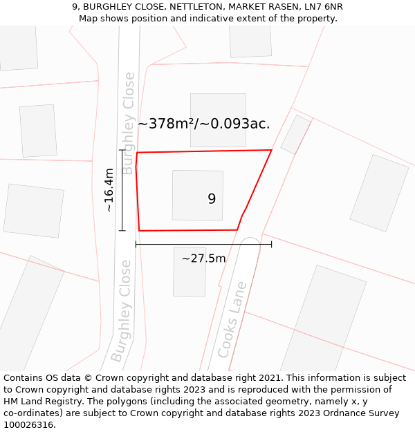 9, BURGHLEY CLOSE, NETTLETON, MARKET RASEN, LN7 6NR: Plot and title map