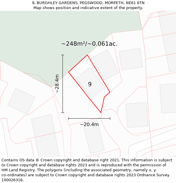 9, BURGHLEY GARDENS, PEGSWOOD, MORPETH, NE61 6TN: Plot and title map