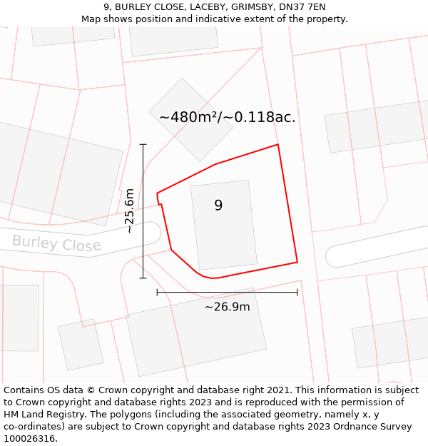 9, BURLEY CLOSE, LACEBY, GRIMSBY, DN37 7EN: Plot and title map