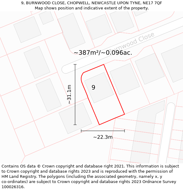 9, BURNWOOD CLOSE, CHOPWELL, NEWCASTLE UPON TYNE, NE17 7QF: Plot and title map