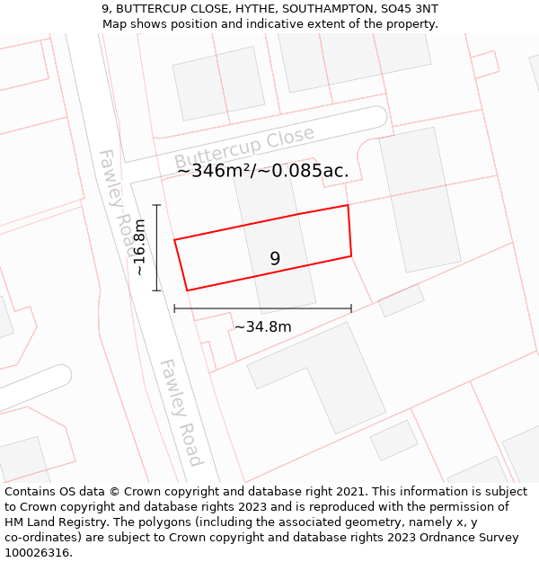 9, BUTTERCUP CLOSE, HYTHE, SOUTHAMPTON, SO45 3NT: Plot and title map