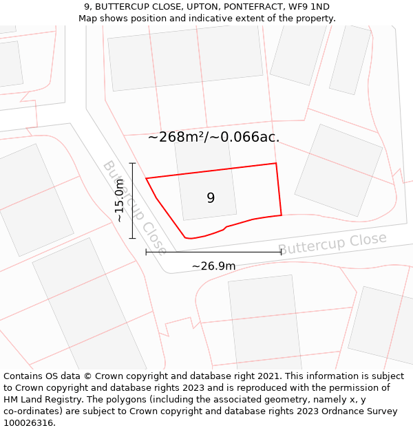 9, BUTTERCUP CLOSE, UPTON, PONTEFRACT, WF9 1ND: Plot and title map