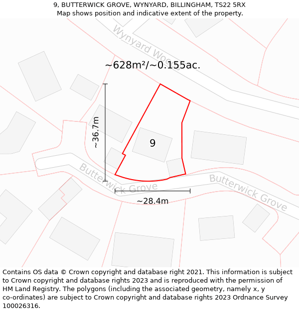 9, BUTTERWICK GROVE, WYNYARD, BILLINGHAM, TS22 5RX: Plot and title map