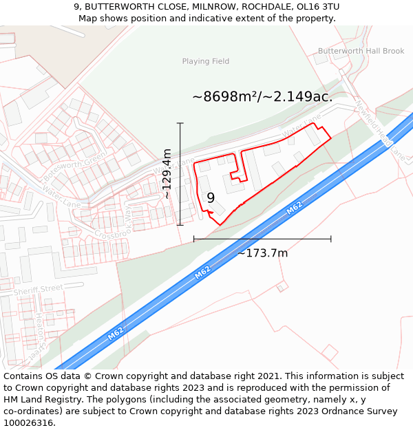 9, BUTTERWORTH CLOSE, MILNROW, ROCHDALE, OL16 3TU: Plot and title map