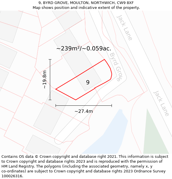 9, BYRD GROVE, MOULTON, NORTHWICH, CW9 8XF: Plot and title map