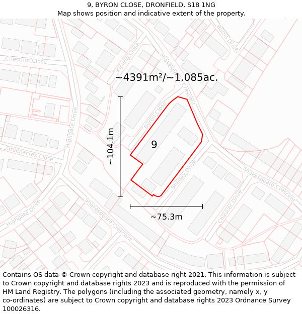 9, BYRON CLOSE, DRONFIELD, S18 1NG: Plot and title map