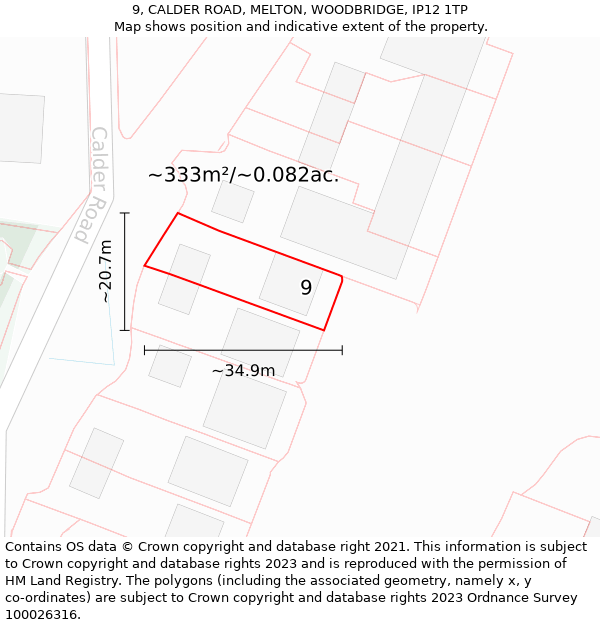 9, CALDER ROAD, MELTON, WOODBRIDGE, IP12 1TP: Plot and title map