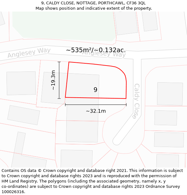 9, CALDY CLOSE, NOTTAGE, PORTHCAWL, CF36 3QL: Plot and title map