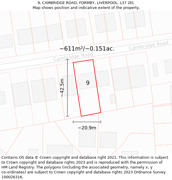 9, CAMBRIDGE ROAD, FORMBY, LIVERPOOL, L37 2EL: Plot and title map