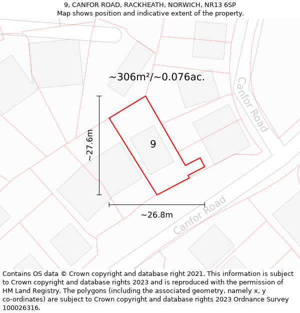 9, CANFOR ROAD, RACKHEATH, NORWICH, NR13 6SP: Plot and title map