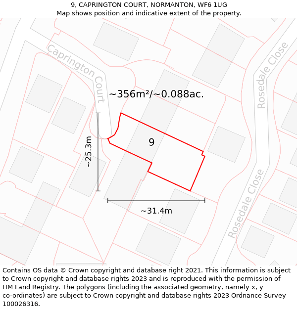 9, CAPRINGTON COURT, NORMANTON, WF6 1UG: Plot and title map