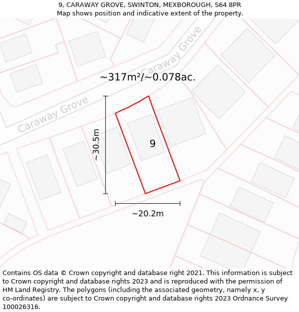 9, CARAWAY GROVE, SWINTON, MEXBOROUGH, S64 8PR: Plot and title map