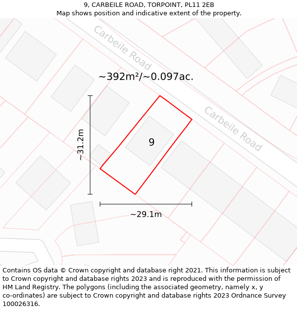 9, CARBEILE ROAD, TORPOINT, PL11 2EB: Plot and title map