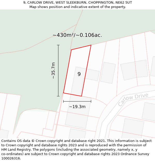 9, CARLOW DRIVE, WEST SLEEKBURN, CHOPPINGTON, NE62 5UT: Plot and title map