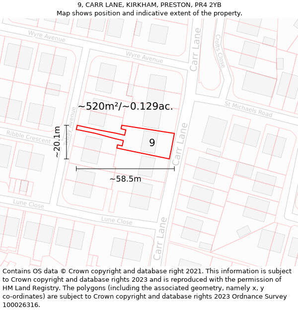 9, CARR LANE, KIRKHAM, PRESTON, PR4 2YB: Plot and title map