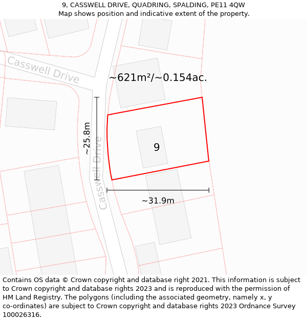 9, CASSWELL DRIVE, QUADRING, SPALDING, PE11 4QW: Plot and title map