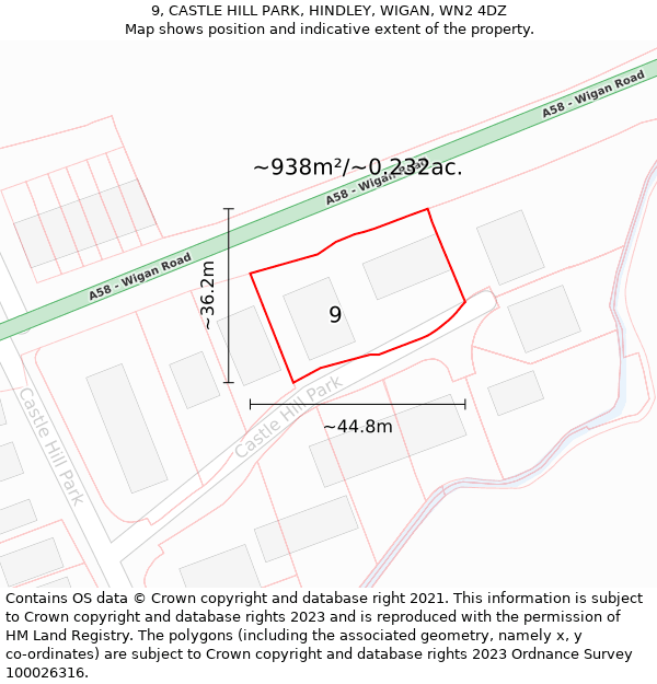 9, CASTLE HILL PARK, HINDLEY, WIGAN, WN2 4DZ: Plot and title map