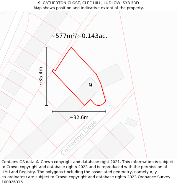 9, CATHERTON CLOSE, CLEE HILL, LUDLOW, SY8 3RD: Plot and title map