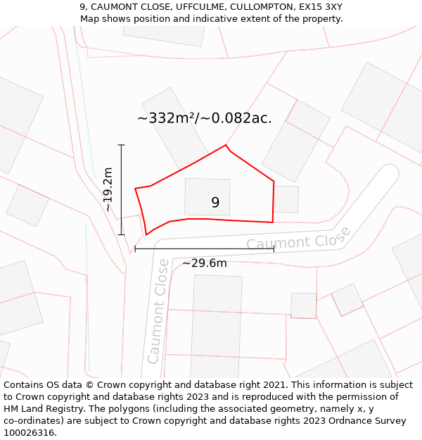 9, CAUMONT CLOSE, UFFCULME, CULLOMPTON, EX15 3XY: Plot and title map