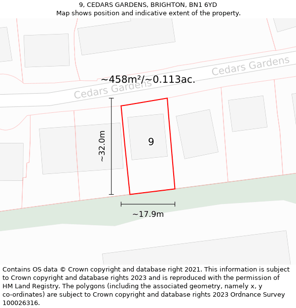 9, CEDARS GARDENS, BRIGHTON, BN1 6YD: Plot and title map