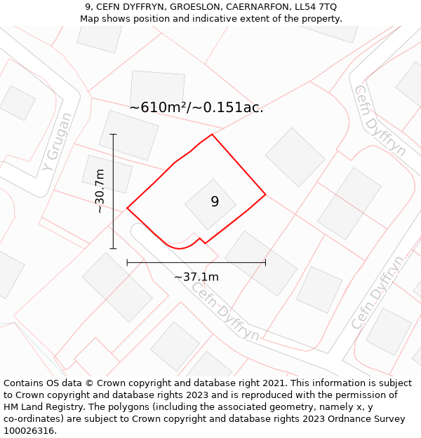 9, CEFN DYFFRYN, GROESLON, CAERNARFON, LL54 7TQ: Plot and title map