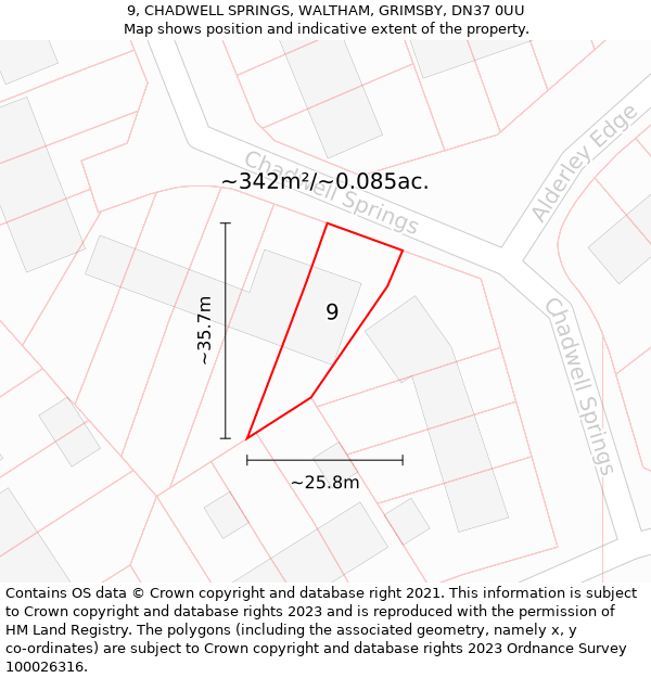 9, CHADWELL SPRINGS, WALTHAM, GRIMSBY, DN37 0UU: Plot and title map