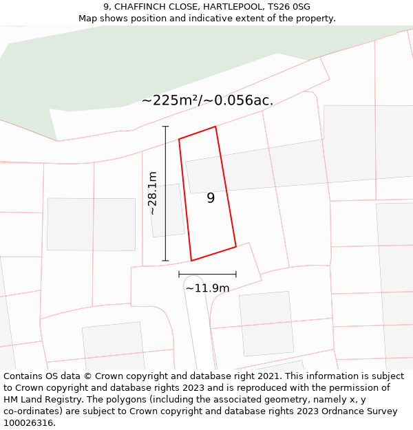 9, CHAFFINCH CLOSE, HARTLEPOOL, TS26 0SG: Plot and title map