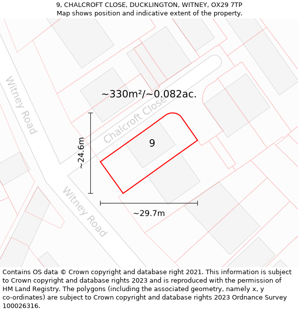 9, CHALCROFT CLOSE, DUCKLINGTON, WITNEY, OX29 7TP: Plot and title map