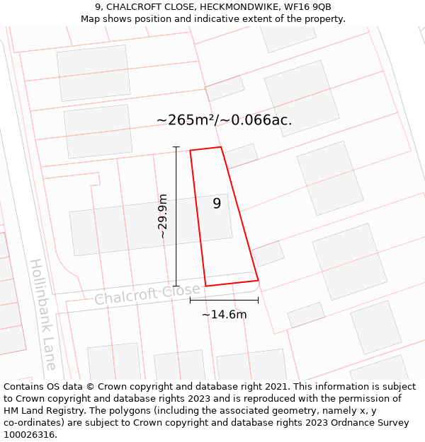 9, CHALCROFT CLOSE, HECKMONDWIKE, WF16 9QB: Plot and title map