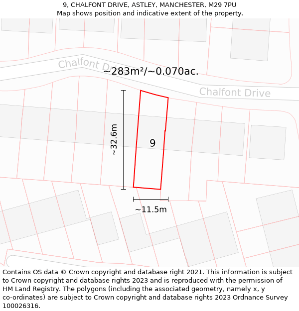 9, CHALFONT DRIVE, ASTLEY, MANCHESTER, M29 7PU: Plot and title map