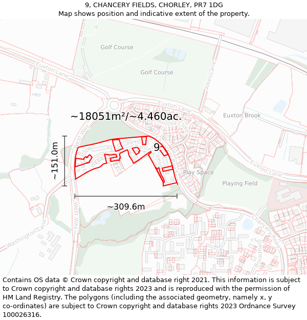 9, CHANCERY FIELDS, CHORLEY, PR7 1DG: Plot and title map