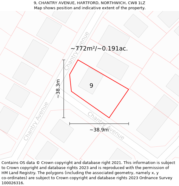 9, CHANTRY AVENUE, HARTFORD, NORTHWICH, CW8 1LZ: Plot and title map