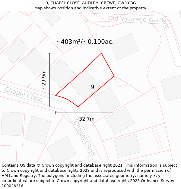 9, CHAPEL CLOSE, AUDLEM, CREWE, CW3 0BG: Plot and title map