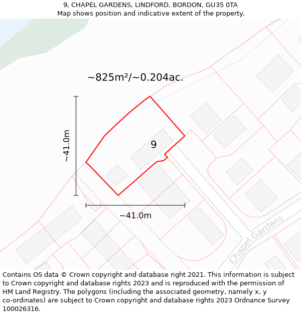 9, CHAPEL GARDENS, LINDFORD, BORDON, GU35 0TA: Plot and title map